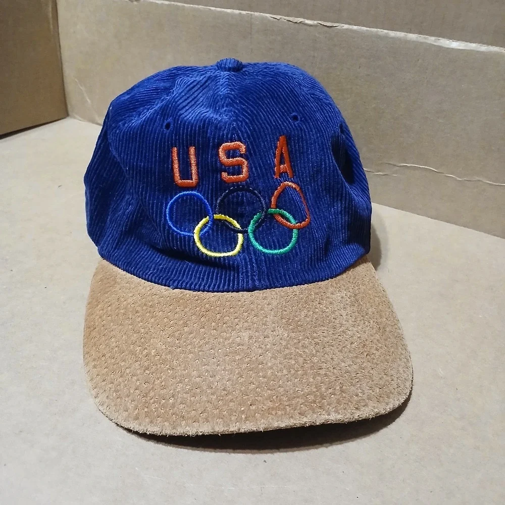 VIntage USA Olympics Starter Corduroy Hat Cap Blue Tan Baseball Hat - Picture 1 of 3